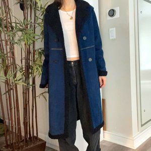 Zara Navy Blue Suede & Black Sherpa Double Breasted long coat - XS